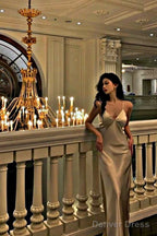 Sexy Sheath Spaghetti Straps Long Champagne Prom Dresses