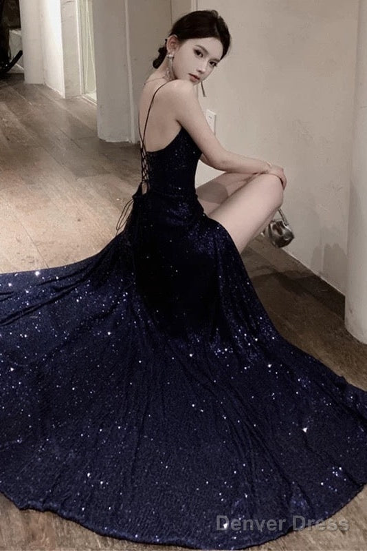 Sexy Sheath Spaghetti Straps Navy Blue Sequin Beach Dress WomenS Vacation Dress Birthday Dresses