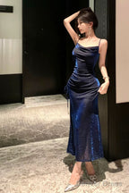 Sexy Sheath Spaghetti Straps Navy Blue Sequin Birthday Dress Prom Dresses