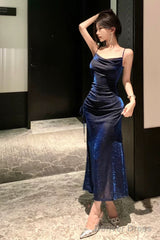 Sexy Sheath Spaghetti Straps Navy Blue Sequin Birthday Dresses Prom Dress