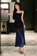 Sexy Sheath Spaghetti Straps Navy Blue Sequin Birthday Dress Prom Dresses