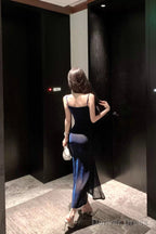 Sexy Sheath Spaghetti Straps Navy Blue Sequin Birthday Dress Prom Dresses