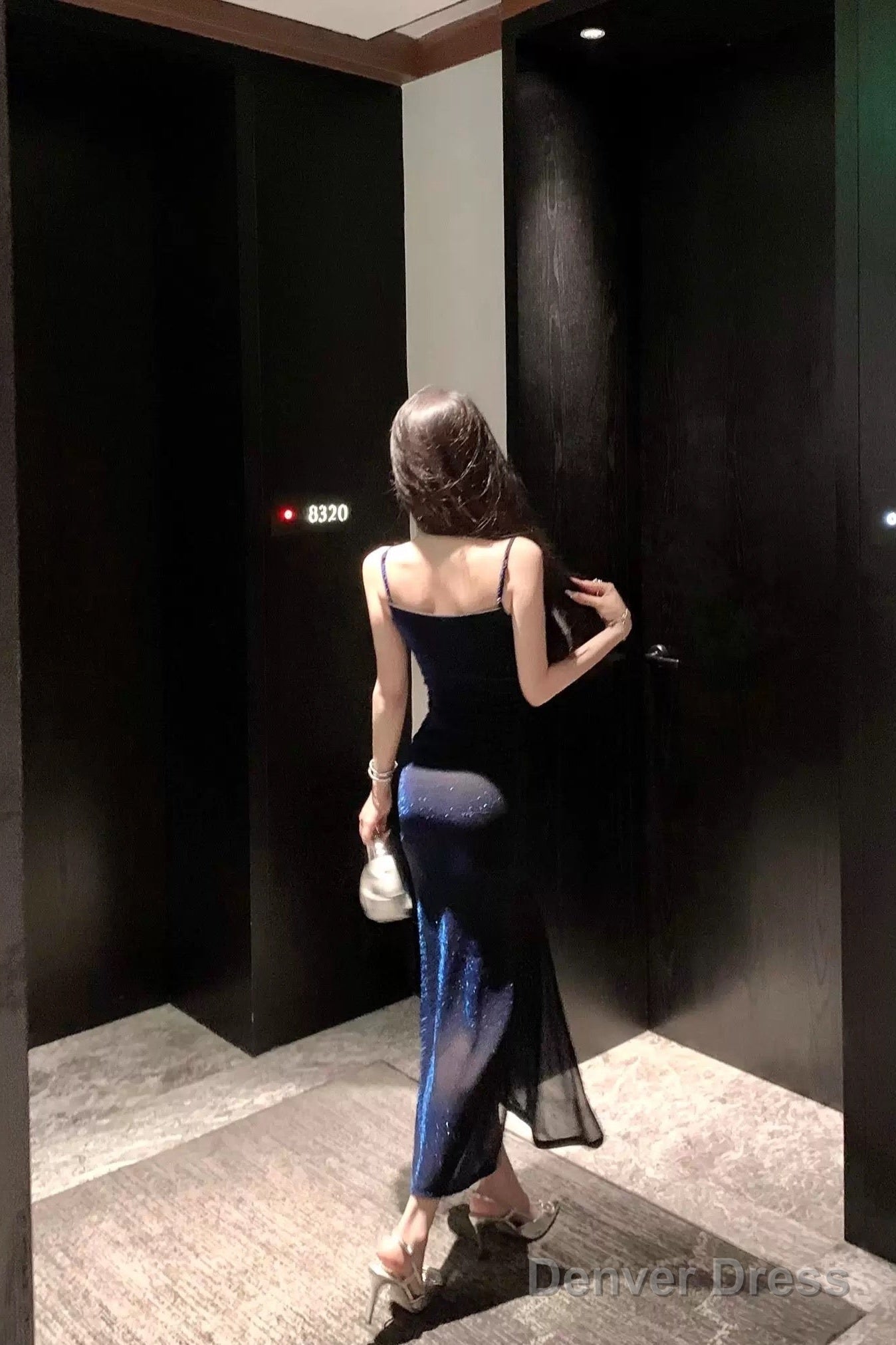 Sexy Sheath Spaghetti Straps Navy Blue Sequin Birthday Dress Prom Dresses