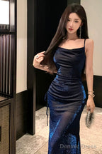Sexy Sheath Spaghetti Straps Navy Blue Sequin Birthday Dress Prom Dresses