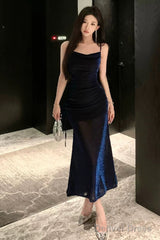 Sexy Sheath Spaghetti Straps Navy Blue Sequin Birthday Dresses Prom Dress