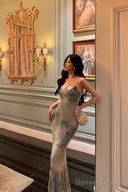 Sexy Sheath Spaghetti Straps Oil Painting Long Prom Dresses Birthday Outfits