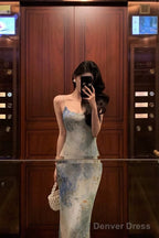 Sexy Sheath Spaghetti Straps Oil Painting Long Prom Dresses Birthday Outfits