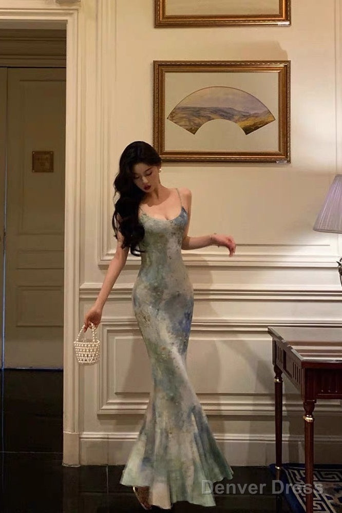 Sexy Sheath Spaghetti Straps Oil Painting Long Prom Dresses Birthday Outfits