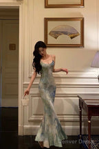 Sexy Sheath Spaghetti Straps Oil Painting Long Prom Dresses Birthday Outfits