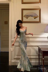 Sexy Sheath Spaghetti Straps Oil Painting Long Prom Dresses Birthday Outfits
