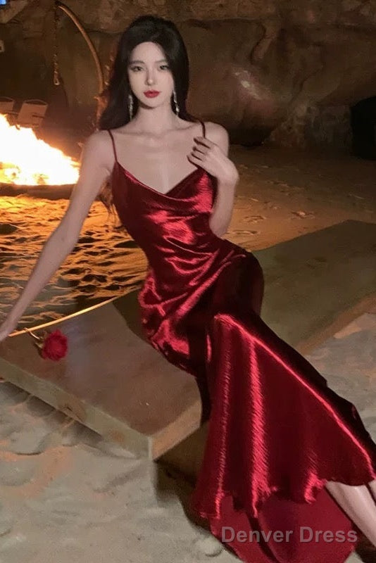 Sexy Sheath Spaghetti Straps Red Backless Satin Birthday Dress Prom Dresses
