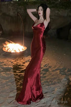 Sexy Sheath Spaghetti Straps Red Backless Satin Birthday Dress Prom Dresses