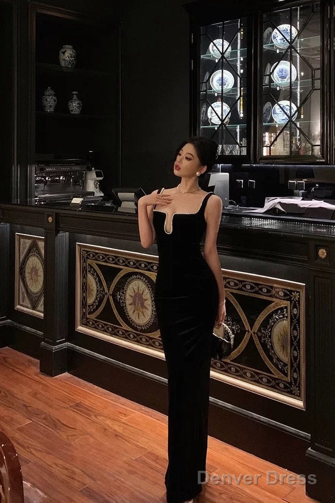 Sexy Sheath Spaghetti Straps Sleeveless Black Floor Length Prom Dresses Birthday Outfits