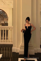 Sexy Sheath Spaghetti Straps Sleeveless Black Floor Length Prom Dresses Birthday Outfits