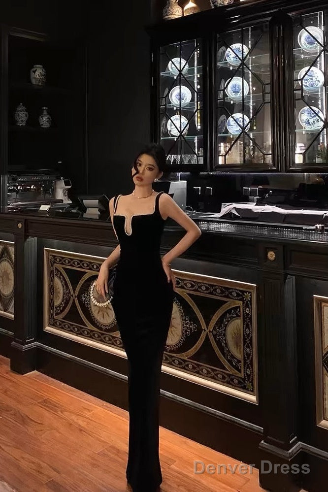 Sexy Sheath Spaghetti Straps Sleeveless Black Floor Length Prom Dresses Birthday Outfits Main image