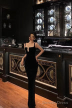 Sexy Sheath Spaghetti Straps Sleeveless Black Floor Length Prom Dresses Birthday Outfits
