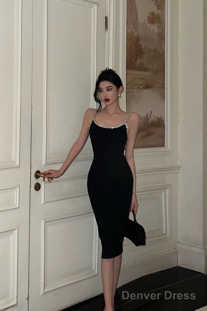 Sexy Sheath Spaghetti Straps Sleeveless Black Knee Length Prom Dresses Birthday Outfits