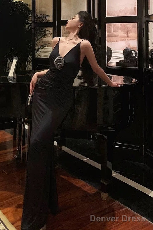 Sexy Sheath Spaghetti Straps Sleeveless Black Prom Dresses Birthday Outfits With Flower