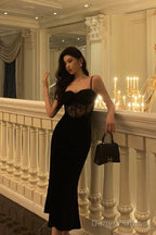 Sexy Sheath Spaghetti Straps Sleeveless Black Velvet Prom Dresses Birthday Outfits