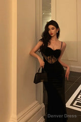 Sexy Sheath Spaghetti Straps Sleeveless Black Velvet Prom Dresses Birthday Outfits