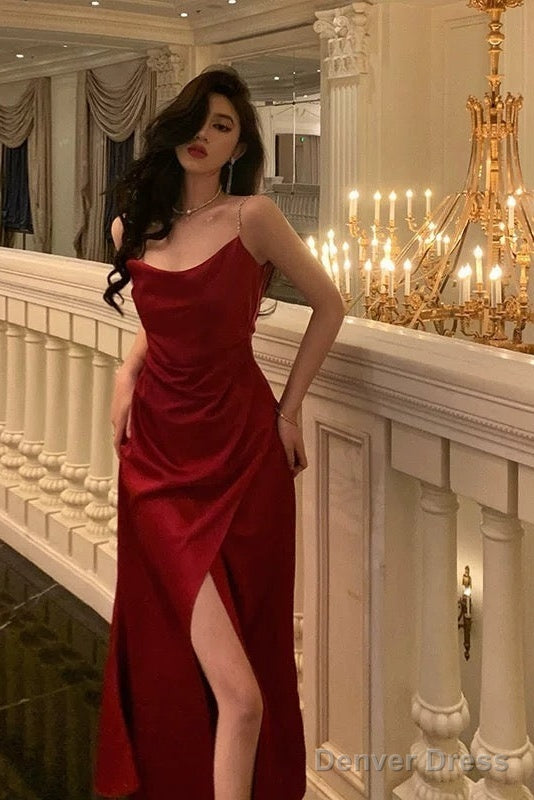 Sexy Sheath Spaghetti Straps Sleeveless Red Ankle Length Prom Dresses Birthday Outfits