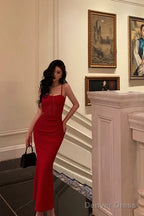Sexy Sheath Spaghetti Straps Sleeveless Red Date Night Dress Prom Dresses Birthday Outfits