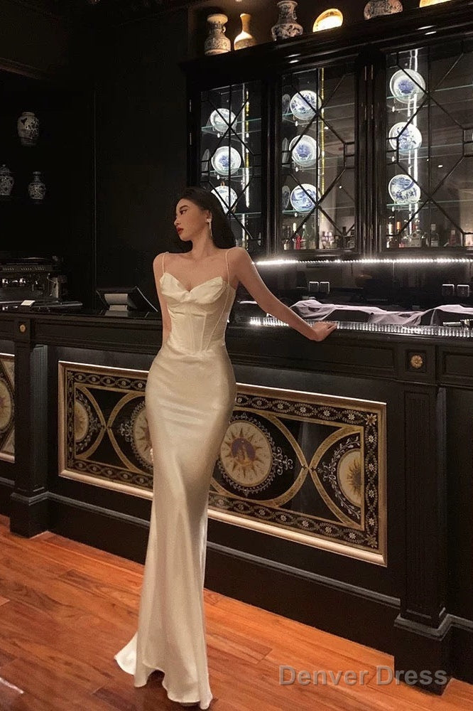 Sexy Sheath Spaghetti Straps White Long Prom Dresses Birthday Outfits