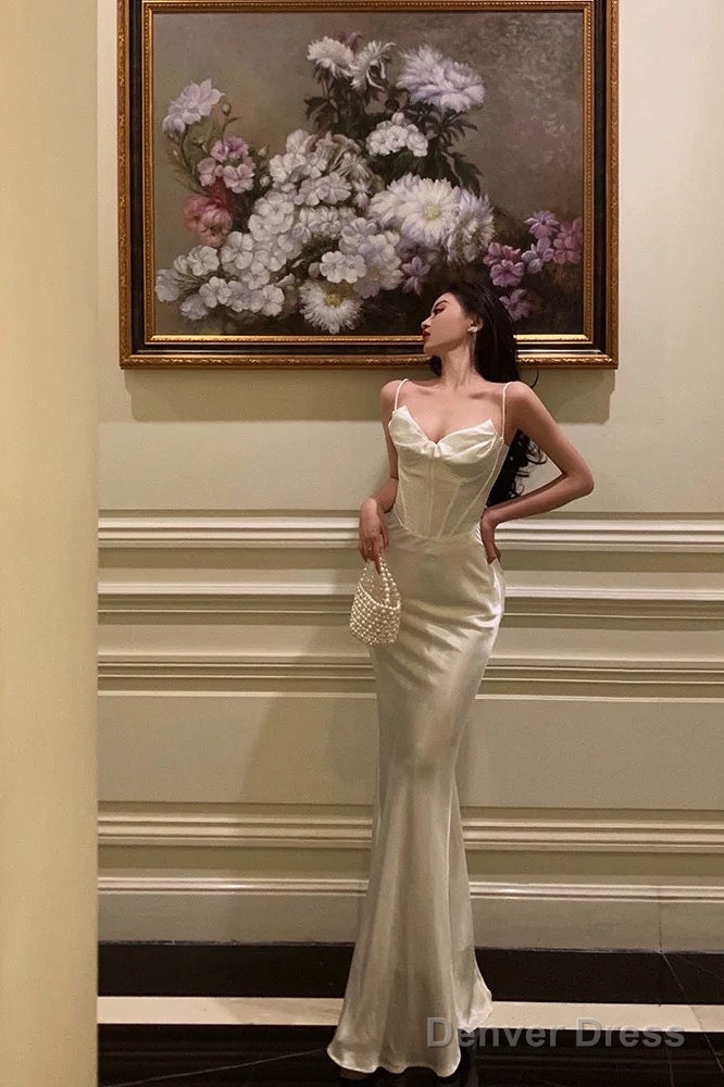 Sexy Sheath Spaghetti Straps White Long Prom Dresses Birthday Outfits