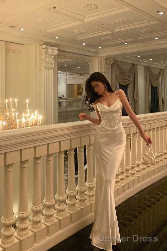 Sexy Sheath Spaghetti Straps White Long Prom Dresses Birthday Outfits