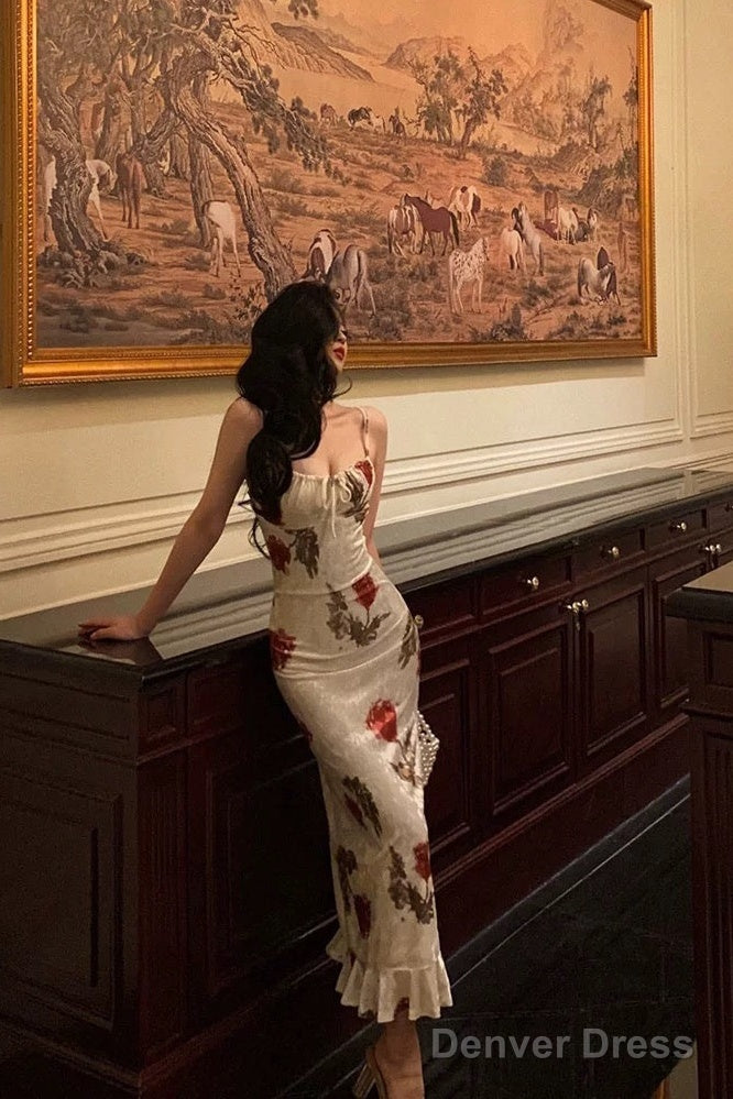 Sexy Sheath Spaghetti Straps White Satin Red Floral Long Prom Dresses Birthday Outfit