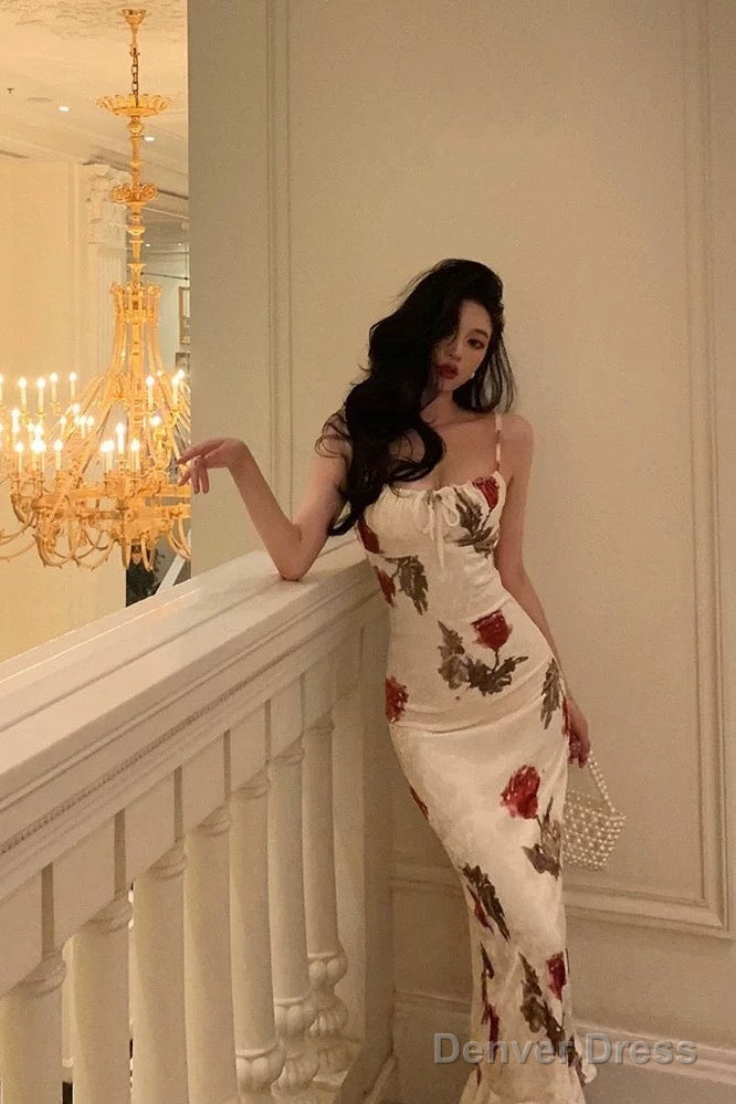 Sexy Sheath Spaghetti Straps White Satin Red Floral Long Prom Dresses Birthday Outfit