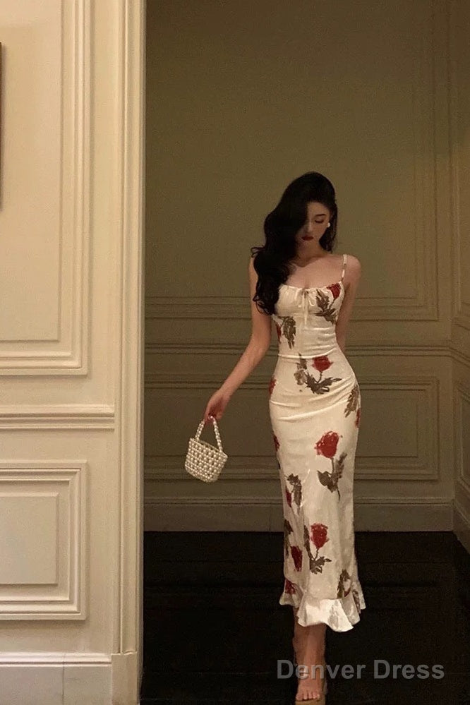 Sexy Sheath Spaghetti Straps White Satin Red Floral Long Prom Dresses Birthday Outfit Main image