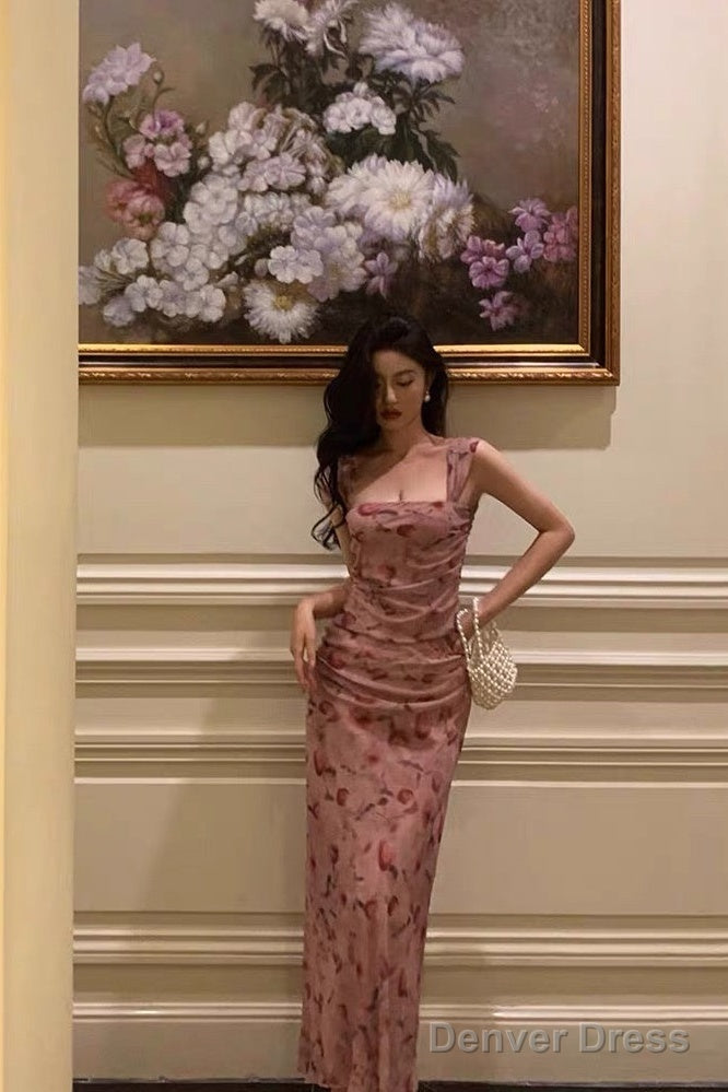 Sexy Sheath Square Neckline Floral Pink Prom Dresses Birthday Outfits Prom Gowns