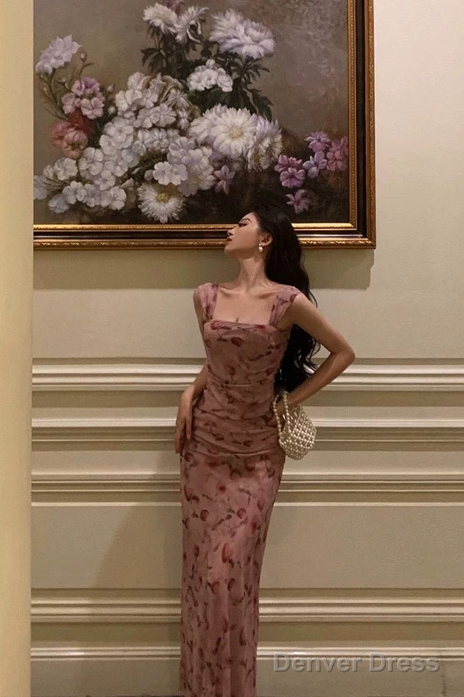 Sexy Sheath Square Neckline Floral Pink Prom Dresses Birthday Outfits Prom Gowns