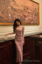Sexy Sheath Square Neckline Floral Pink Prom Dresses Birthday Outfits Prom Gowns