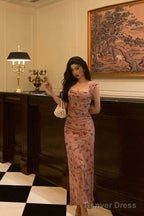 Sexy Sheath Square Neckline Floral Pink Prom Dresses Birthday Outfits Prom Gowns