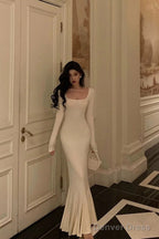 Sexy Sheath Square Neckline Ivory Long Prom Dresses Birthday Outfits Prom Gowns