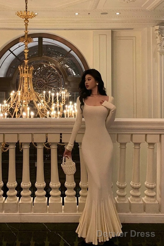 Sexy Sheath Square Neckline Ivory Long Prom Dresses Birthday Outfits Evening Gown