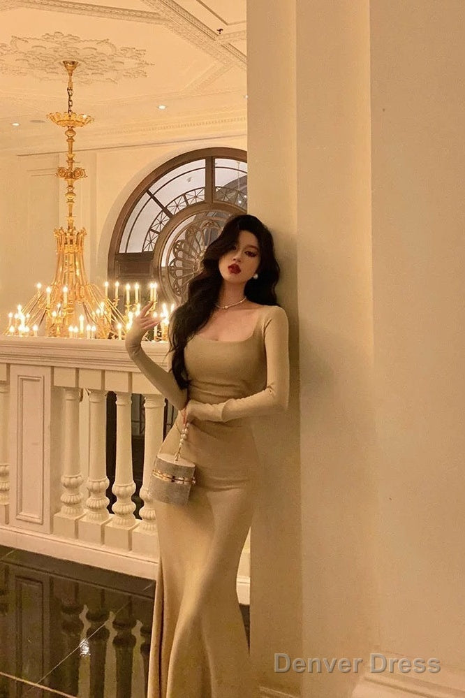 Sexy Sheath Square Neckline Long Prom Dresses Birthday Outfits Evening Gown