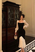 Sexy Sheath Square Neckline Long Sleeves Black Prom Dresses Birthday Outfits With Ruffle