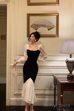 Sexy Sheath Square Neckline Long Sleeves Black Prom Dresses Birthday Outfits With Ruffle