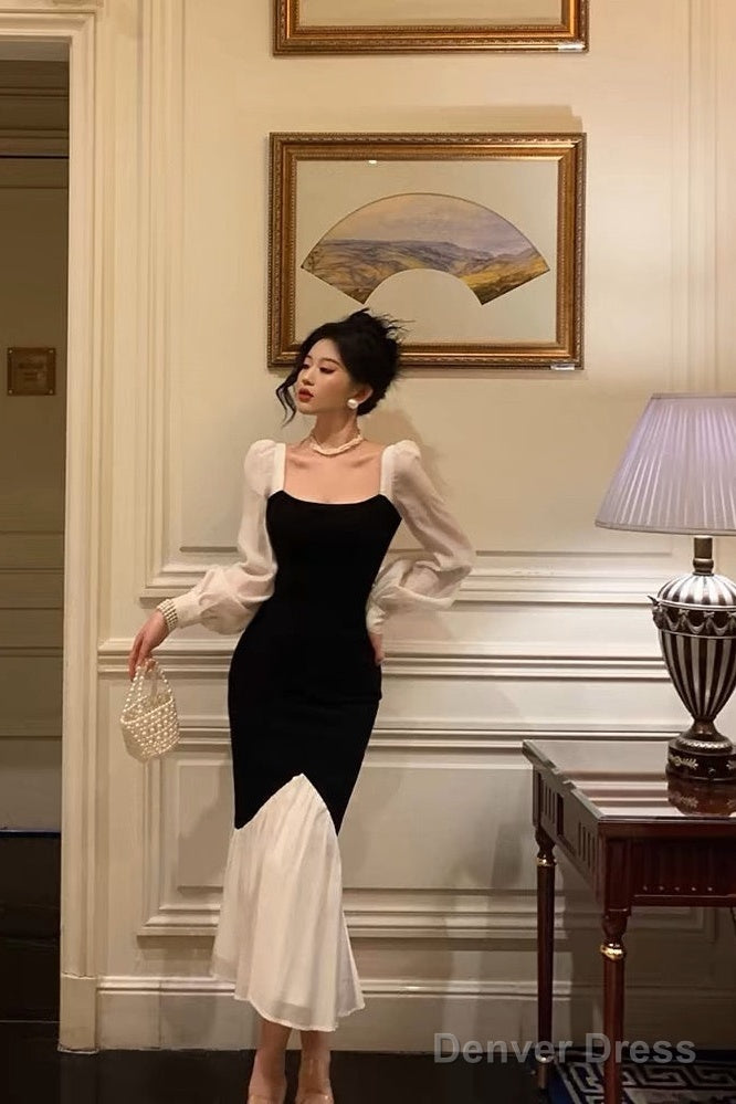 Sexy Sheath Square Neckline Long Sleeves Black Prom Dresses Birthday Outfits With Ruffle