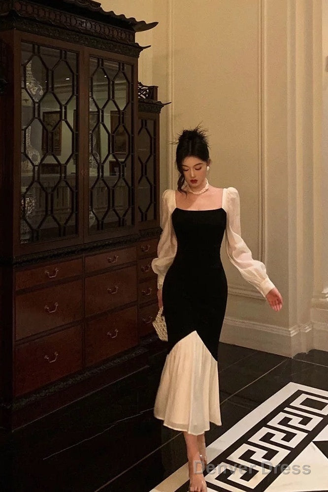 Sexy Sheath Square Neckline Long Sleeves Black Prom Dresses Birthday Outfits With Ruffle