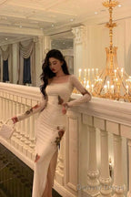 Sexy Sheath Square Neckline Long Sleeves Slit Floral Prom Dress Birthday Dresses