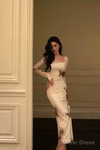 Sexy Sheath Square Neckline Long Sleeves Slit Floral Prom Dress Birthday Dresses
