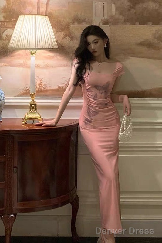 Sexy Sheath Square Neckline Pink Prom Dresses Slit Birthday Outfits Prom Gowns