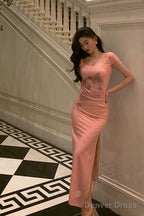 Sexy Sheath Square Neckline Pink Prom Dresses Slit Birthday Outfits Prom Gowns