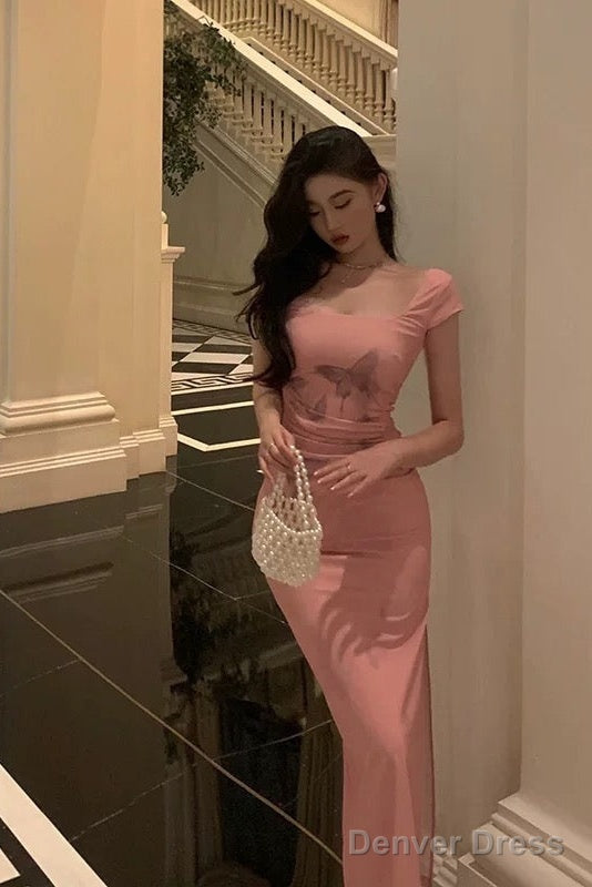 Sexy Sheath Square Neckline Pink Prom Dresses Slit Birthday Outfits Prom Gowns