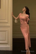 Sexy Sheath Square Neckline Pink Prom Dresses Slit Birthday Outfits Prom Gowns
