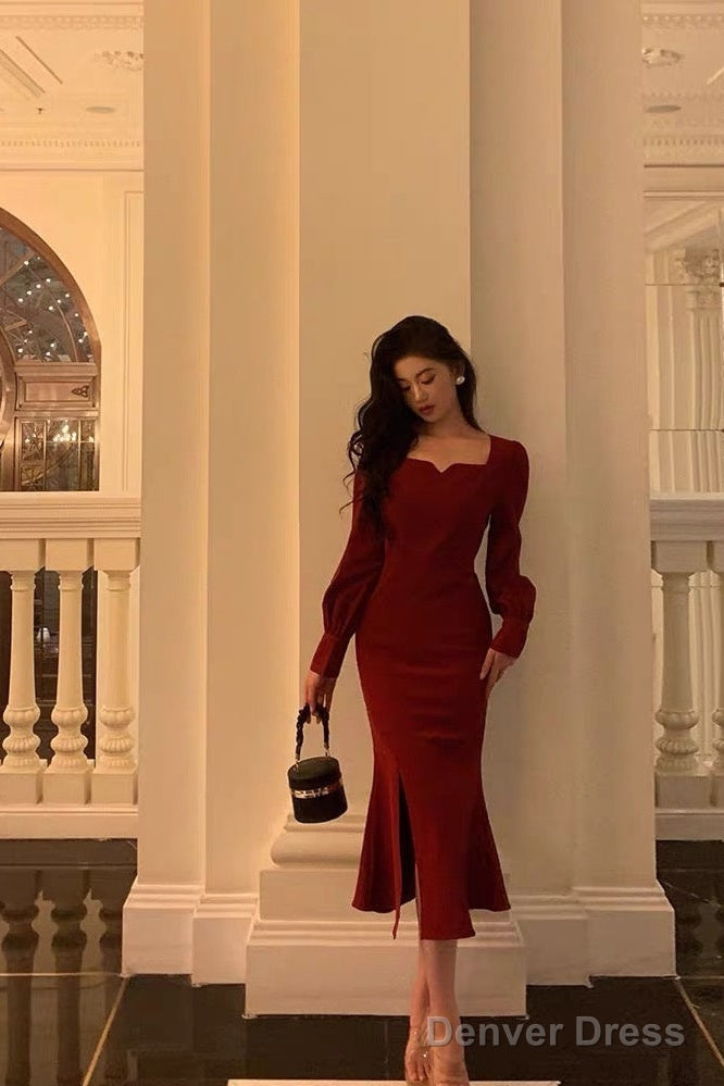 Sexy Sheath Square Neckline Red Date Night Dress Prom Dresses Birthday Outfit